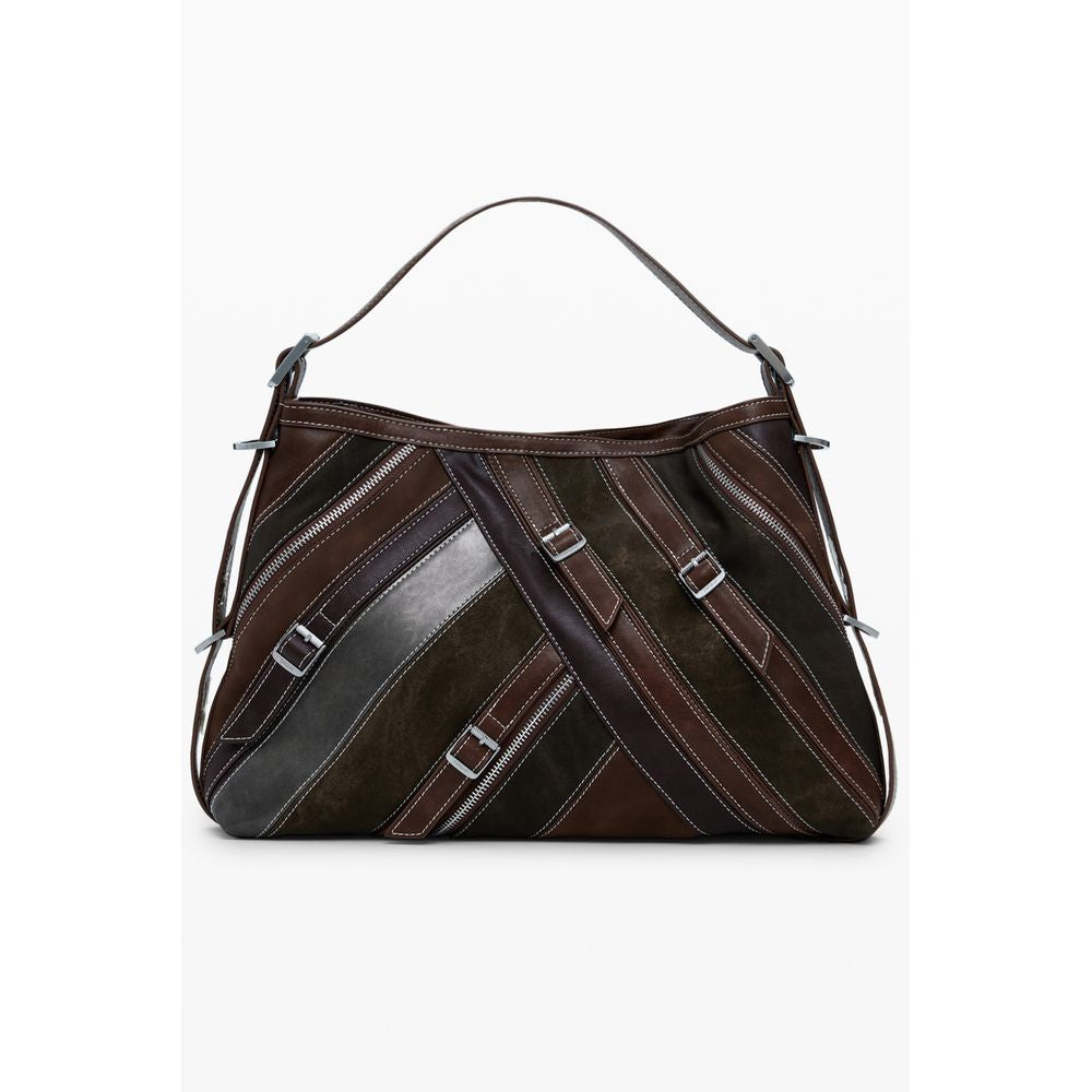 Desigual Brown Polyethylene Women Handbag with adjustable strap, showcasing unique design and functional compartments.