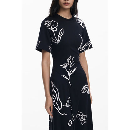Desigual Black Cotton Women Dress with floral print, short sleeves, and crew neck, showcasing chic and comfortable fashion.