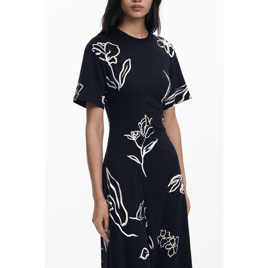Desigual Black Cotton Women Dress with bold floral print, short sleeves, crew neck, versatile and elegant, perfect for chic outfits.