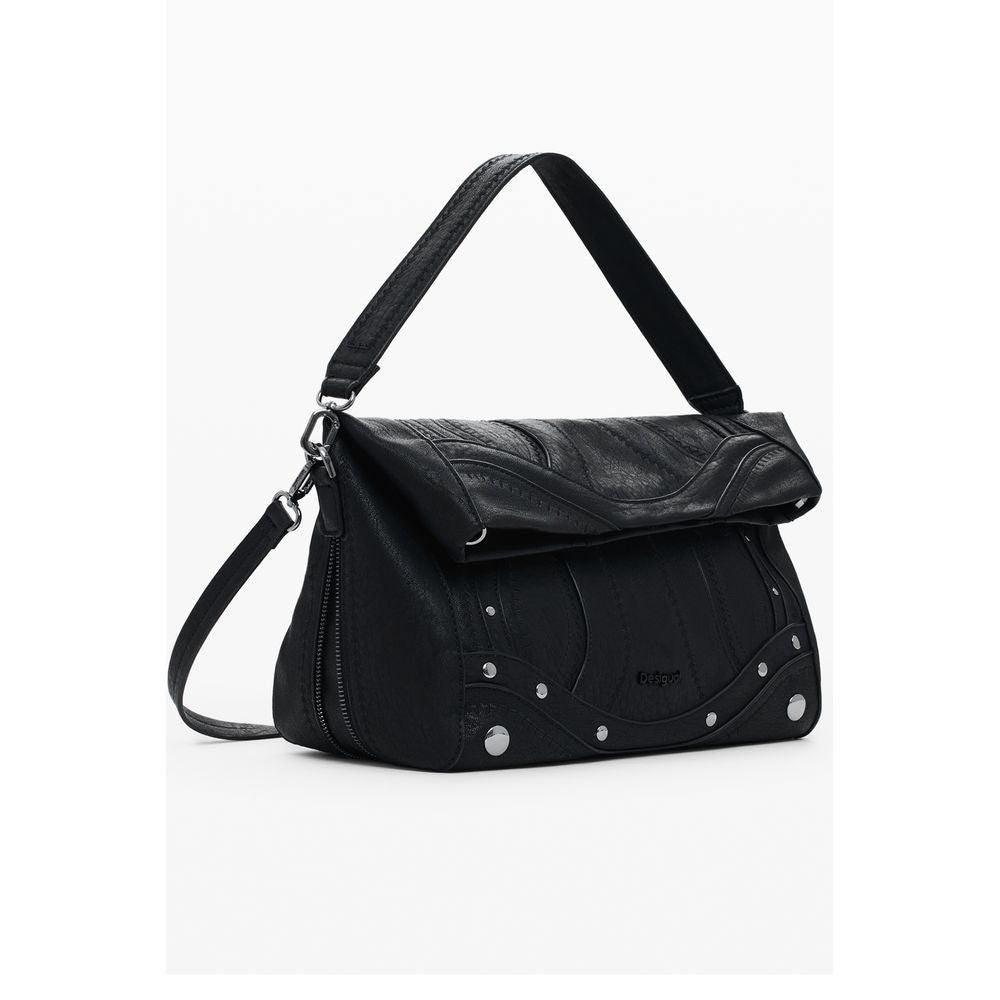 Desigual Black Polyethylene Women Handbag with bold embroidery, adjustable strap, and expandable bottom showcasing dynamic style.