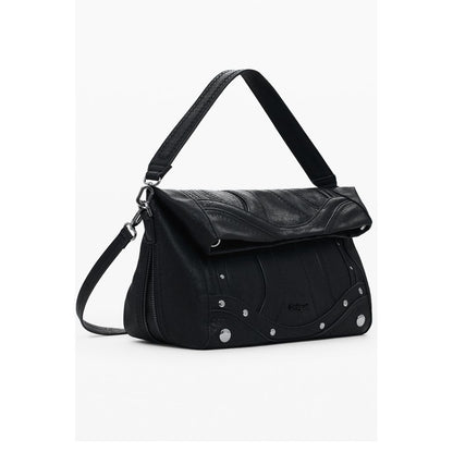 Desigual Black Polyethylene Women Handbag with bold embroidery, adjustable strap, and expandable bottom showcasing dynamic style.