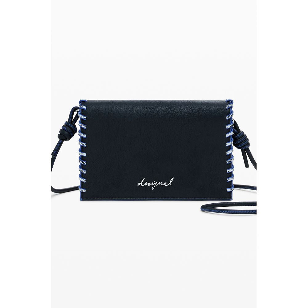 Desigual Black Polyethylene Women Wallet with shoulder strap and logo, featuring stylish design and functionality.