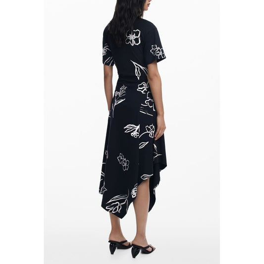 Rear view of Desigual Black Cotton Women Dress with bold print and asymmetric hem