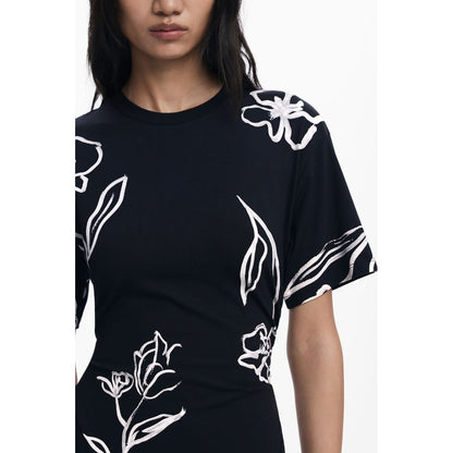 Desigual Black Cotton Women Dress with bold floral print and short sleeves, showcasing eclectic style and elegant design.