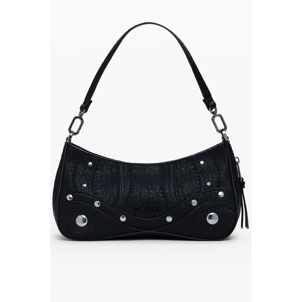 Desigual Black Polyethylene Women Handbag with zip-expandable bottom and distinctive Desigual logo, showcasing eclectic style.