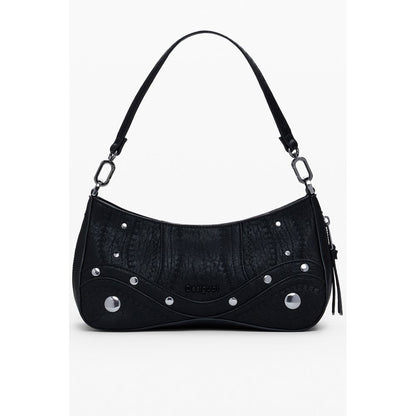 Desigual Black Polyethylene Women Handbag with zip-expandable bottom and distinctive Desigual logo, showcasing eclectic style.