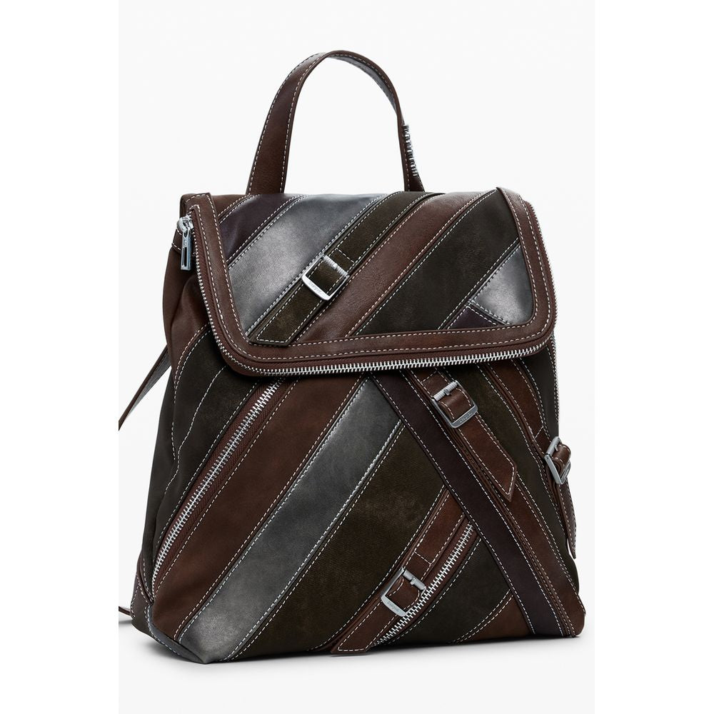 Desigual Brown Polyethylene Women Backpack with stylish striped design and secure zip closure, perfect for fashion-forward use.