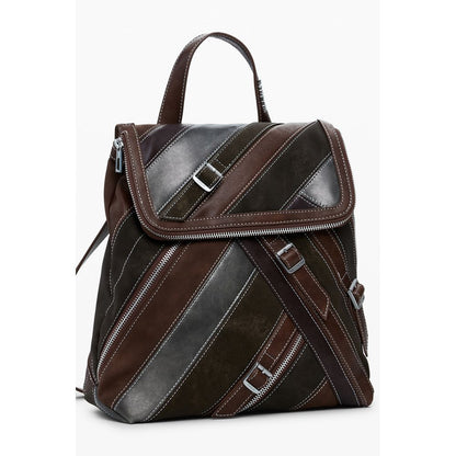 Desigual Brown Polyethylene Women Backpack with stylish striped design and secure zip closure, perfect for fashion-forward use.
