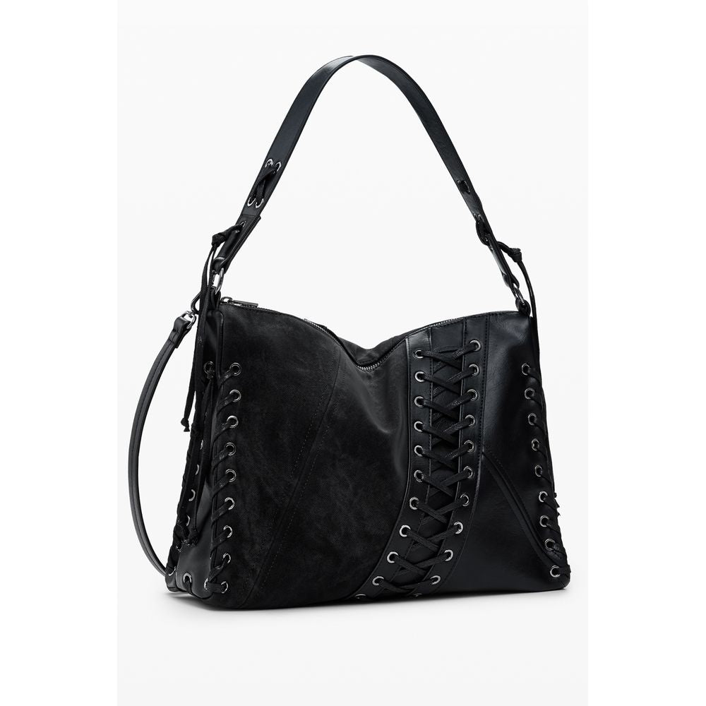 Desigual Black Polyethylene Women Handbag with adjustable strap and iconic logo, featuring eclectic patch design.