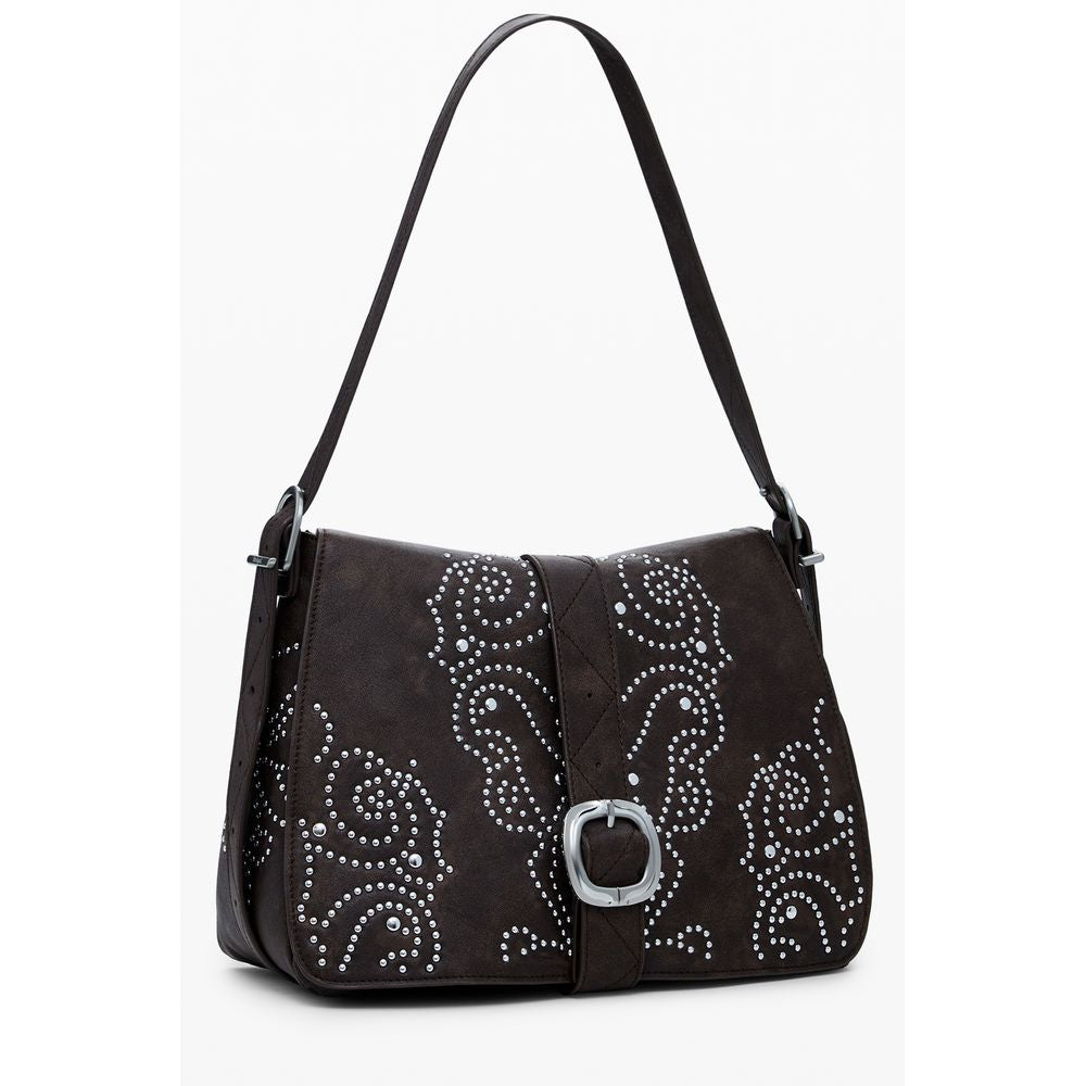 Desigual Brown Polyethylene Women Handbag with chic studs and adjustable strap for stylish functionality.
