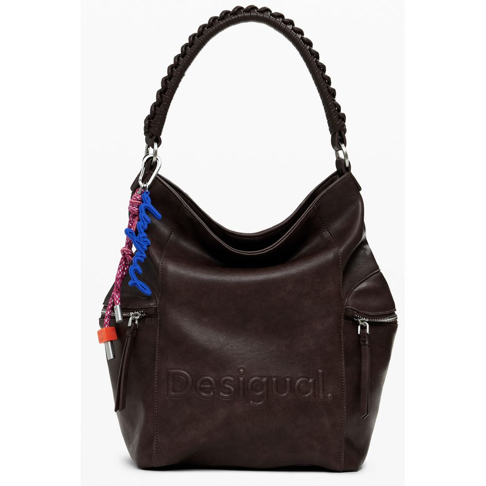 Desigual Brown Polyethylene Women Backpack with embossed logo and braided handle, perfect for trendsetting style and functionality.