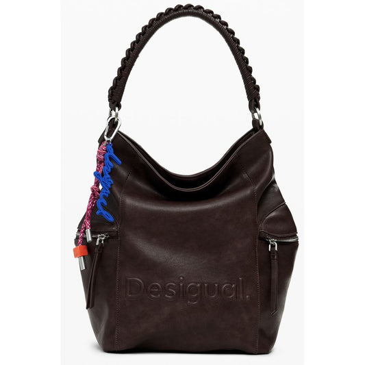 Desigual Brown Polyethylene Women Backpack with Africa-inspired logo and relief print, designed for trendsetters, on a white background.