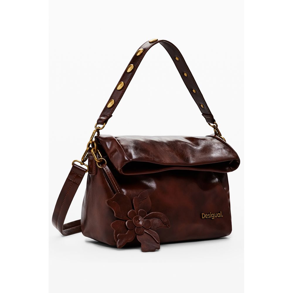 Desigual Brown Polyethylene Women Handbag with floral design and adjustable strap, featuring a stylish and practical zip pocket.