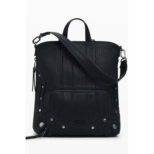 Desigual Black Polyethylene Women Backpack with embroidered patchwork and adjustable straps for stylish, expandable storage.