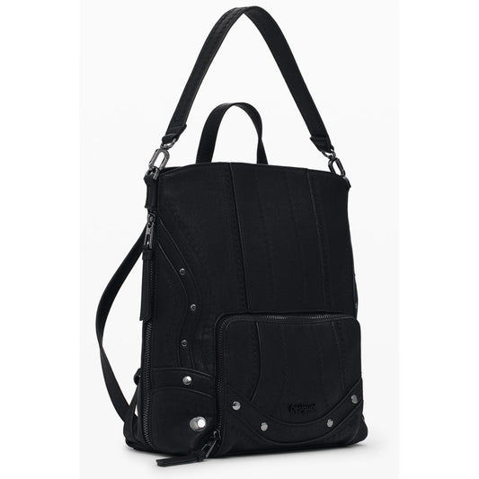 Desigual Black Polyethylene Women Backpack with embroidered patchwork and expandable design.