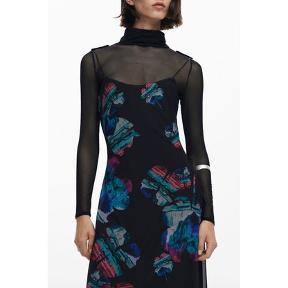 Desigual Black Polyester Women Dress with watercolor design and sheer sleeves