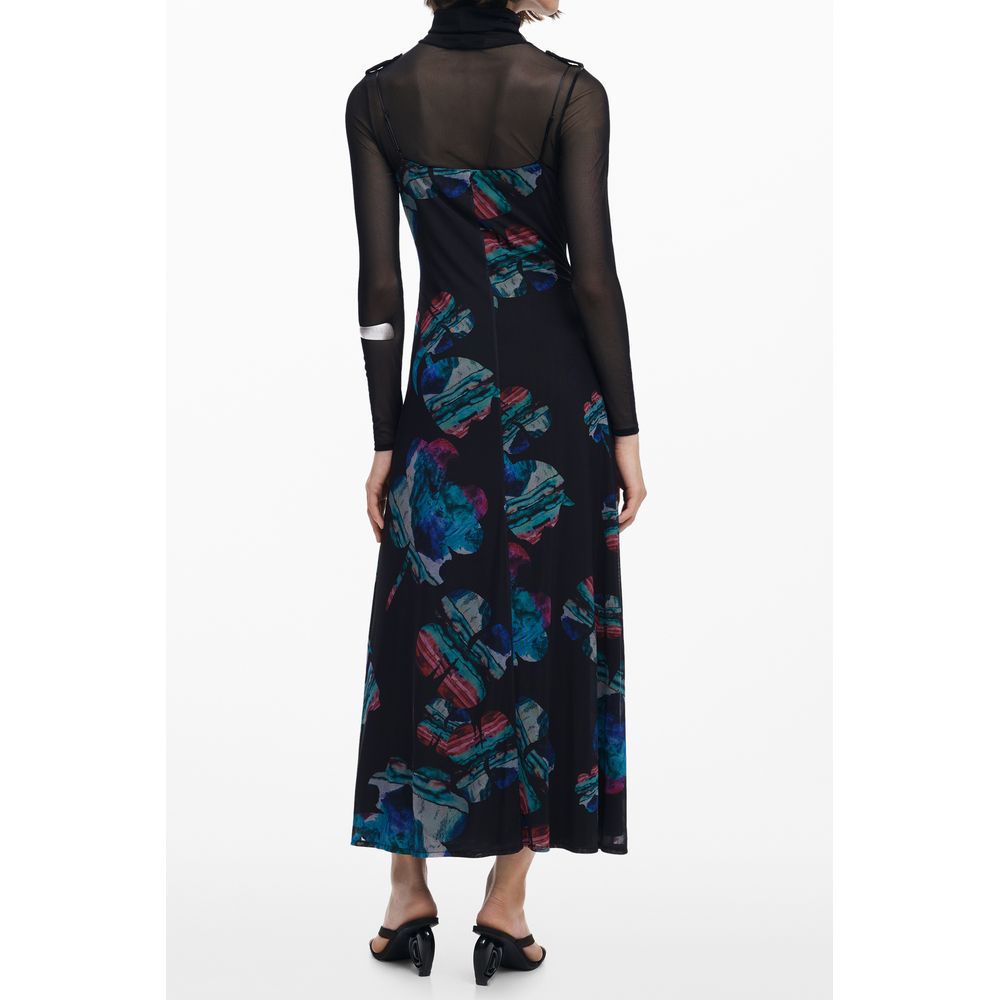 Desigual Black Polyester Women Dress with watercolor design and thin straps, featuring a layered high-neck T-shirt and contrasting details.