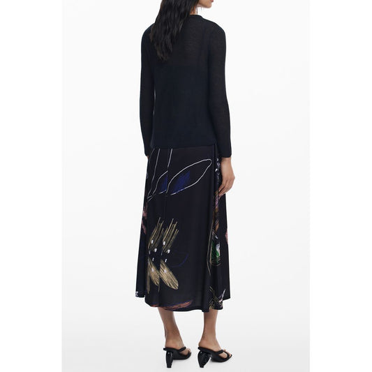 Desigual Black Polyester Women Dress with unique floral accents, back view highlighting adjustable straps and detachable heart warmers.