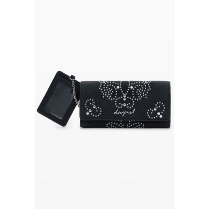 Desigual Black Polyethylene Women Wallet with studs, iconic logo, and multiple compartments for organization.