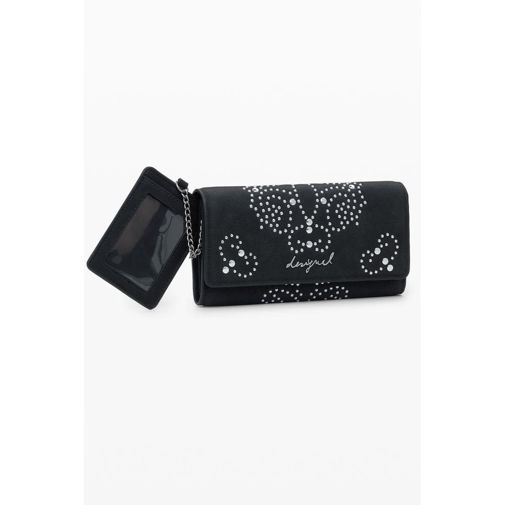 Desigual Black Polyethylene Women Wallet with studs and iconic logo, showcasing compartments and zip closure for stylish organization.