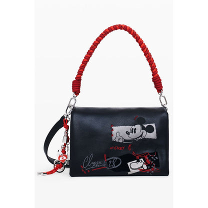 Desigual Black Polyethylene Women Handbag with Mickey graphic, red shoulder handle, and removable strap.