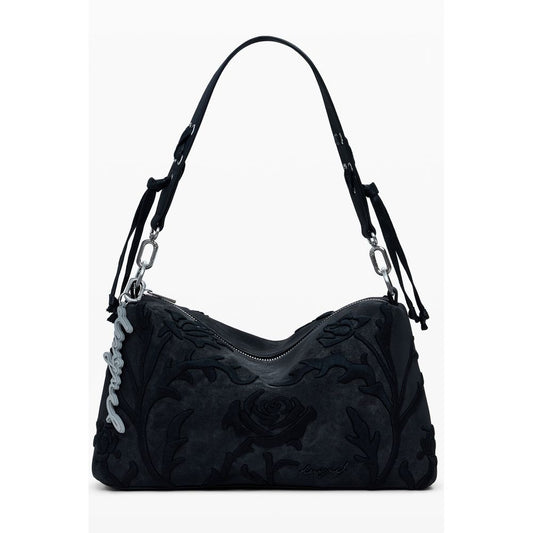 Desigual Black Polyethylene Women Handbag with floral embroidery and adjustable strap, stylish and functional fashion accessory.