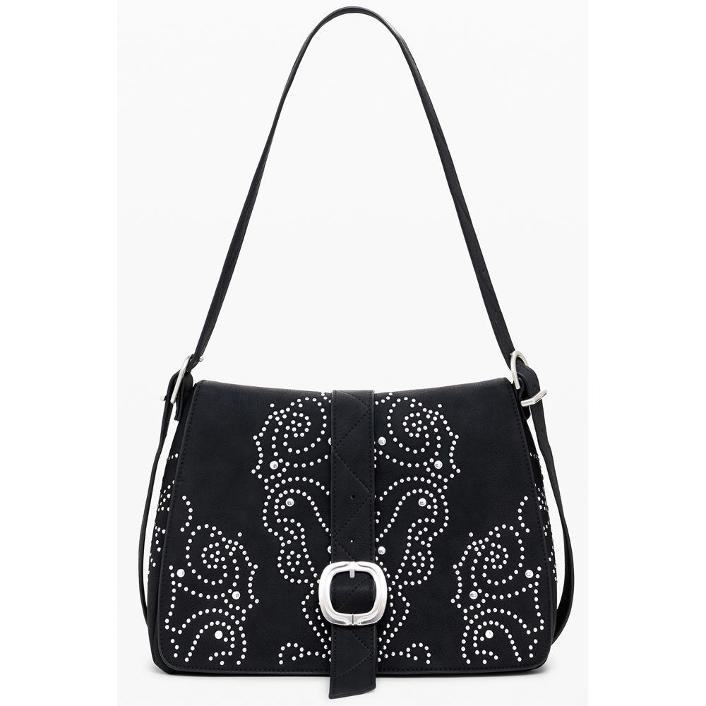 Desigual Black Polyethylene Women Handbag with studs and adjustable strap, featuring chic design and contrasting details.