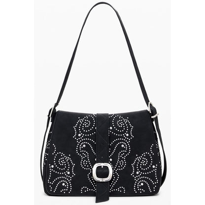 Desigual Black Polyethylene Women Handbag with studs and adjustable strap, featuring chic design and contrasting details.