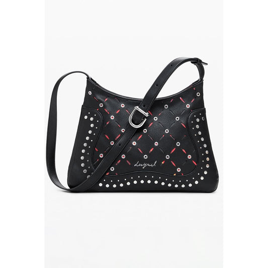 Desigual Black Polyethylene Women Handbag with adjustable strap, stud details, zip, and magnet closure for stylish bold fashion.