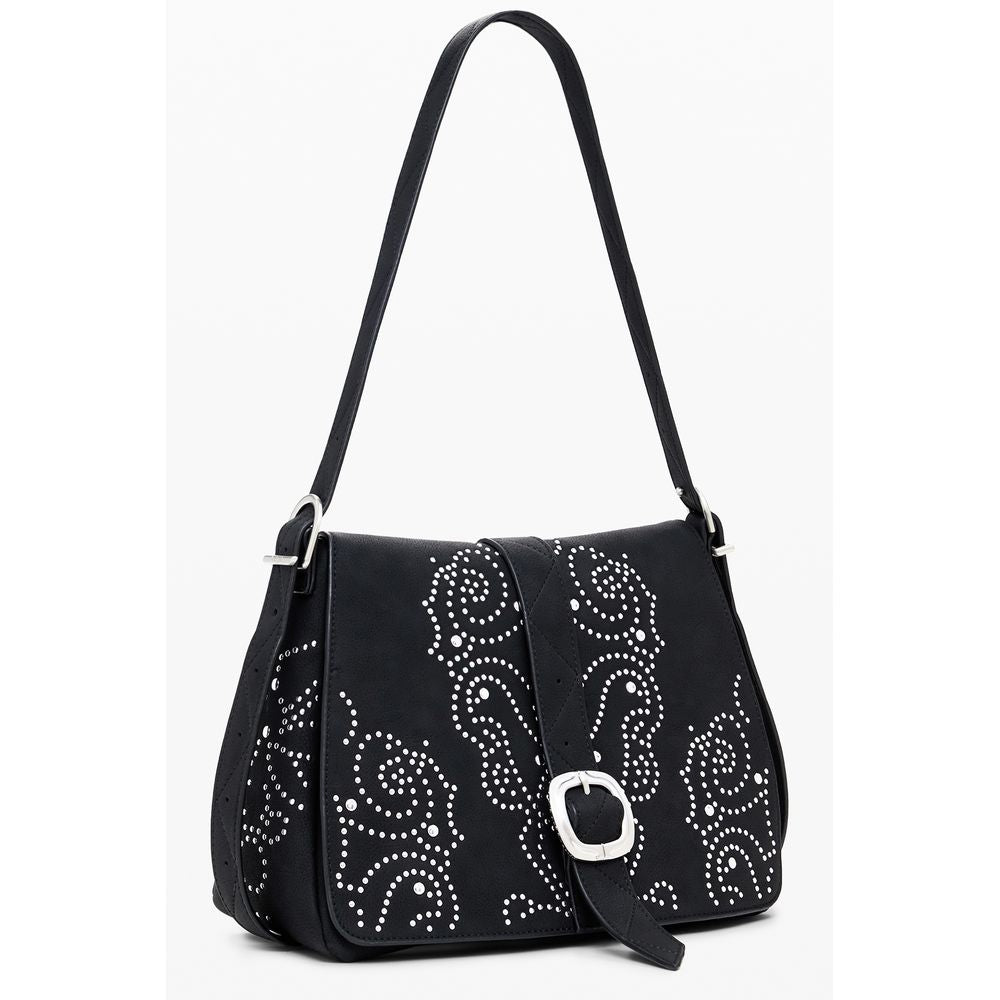 Desigual Black Polyethylene Women Handbag with studs and adjustable strap, featuring external and internal pockets for practical use.