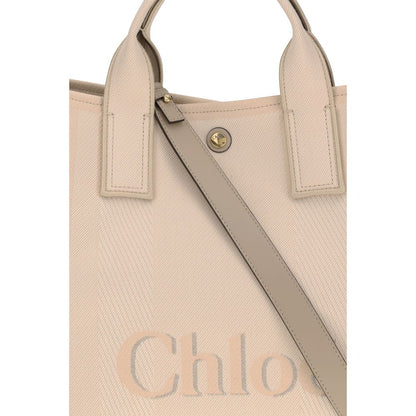Chloé Beige Cotton Handbag with leather details, snap top closure, and iconic monogram for elegant style and versatility.