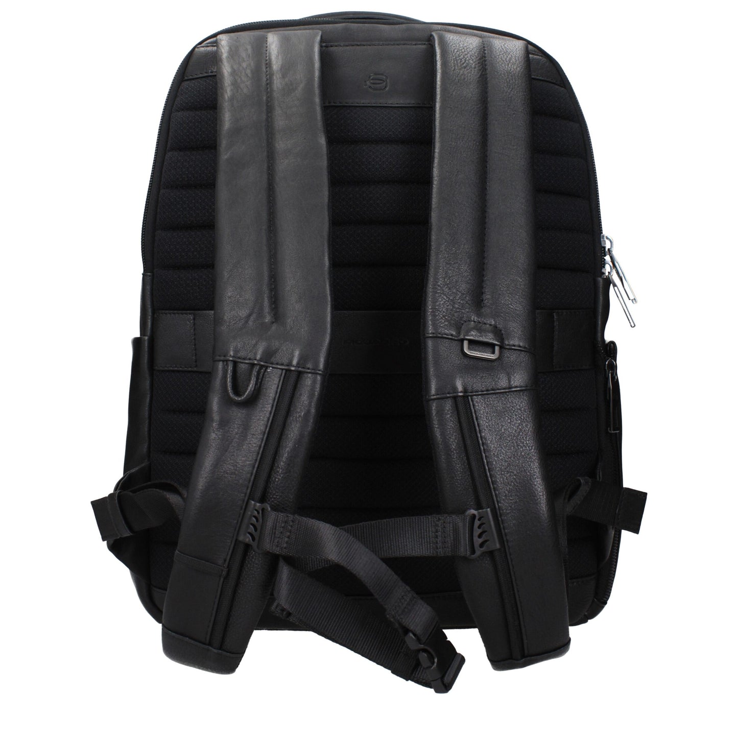 Back view of Piquadro Black Leather Backpack with adjustable straps and vintage effect, featuring front and back logos.