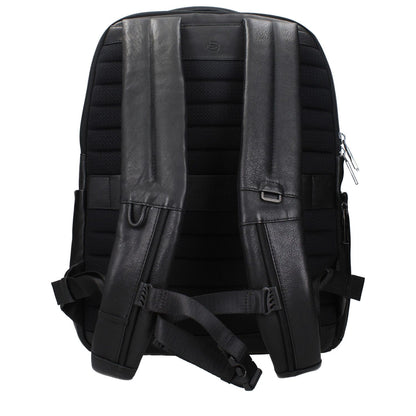 Back view of Piquadro Black Leather Backpack with adjustable straps and vintage effect, featuring front and back logos.