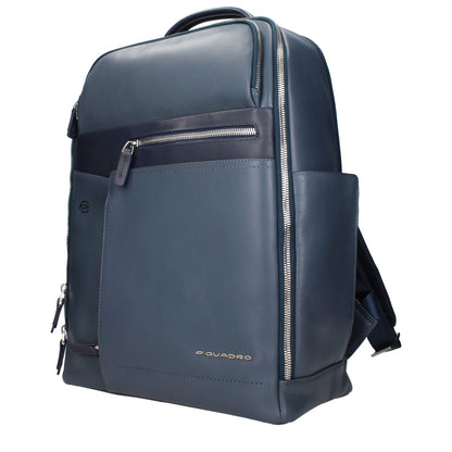 Piquadro Blue Leather Backpack with adjustable straps, featuring front and back logos, and vintage style for iPad/PC storage.