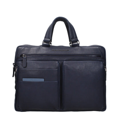 Piquadro Blue Leather Business And Laptop Bag with front and back logo, adjustable and removable shoulder strap, iPad/PC cases.