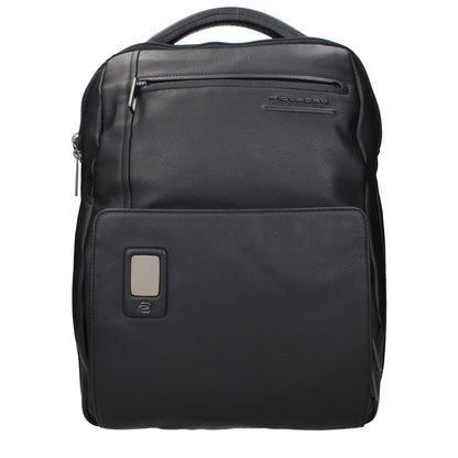 Piquadro Black Leather Backpack with front logo, adjustable straps, and compartments for iPad/PC. MPN: CA5105AON, Code: F84381.