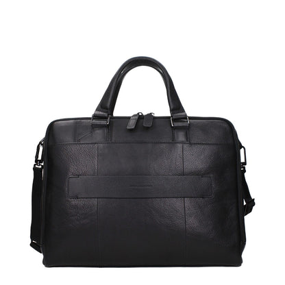 Piquadro Black Leather Business And Laptop Bag with adjustable shoulder strap, vintage effect, and front logo.