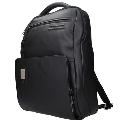 Piquadro Black Leather Backpack with adjustable straps and front logo, includes iPad/PC case, MPN CA5105AON, code F84381