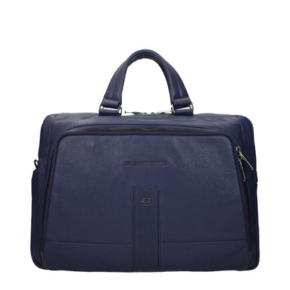 Piquadro Blue Leather Business And Laptop Bag with adjustable and removable shoulder strap, featuring front and back logo, vintage effect.