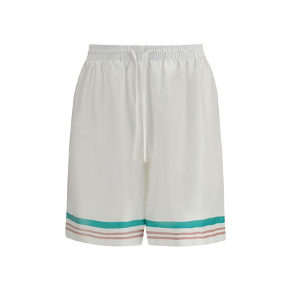 Casablanca White Silk Bermuda Shorts with elastic waistband and side seam pockets, featuring striped detailing, 100% silk twill.