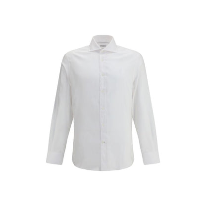 Brunello Cucinelli White Cotton Dress Shirt with classic collar and button closure, featuring a refined monochrome pattern.