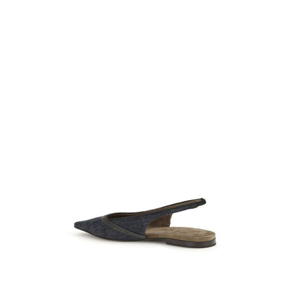 Brunello Cucinelli Blue Cotton Ballet Flats with elastic band and jewel decoration, suede lining, leather sole, AW25 season.