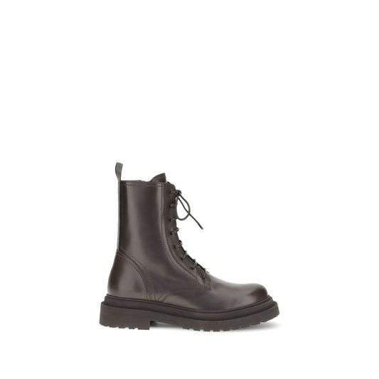 Brunello Cucinelli Brown Leather Lace-Up Boots with zipper and Monile detail, AW25 collection, 100% leather composition.