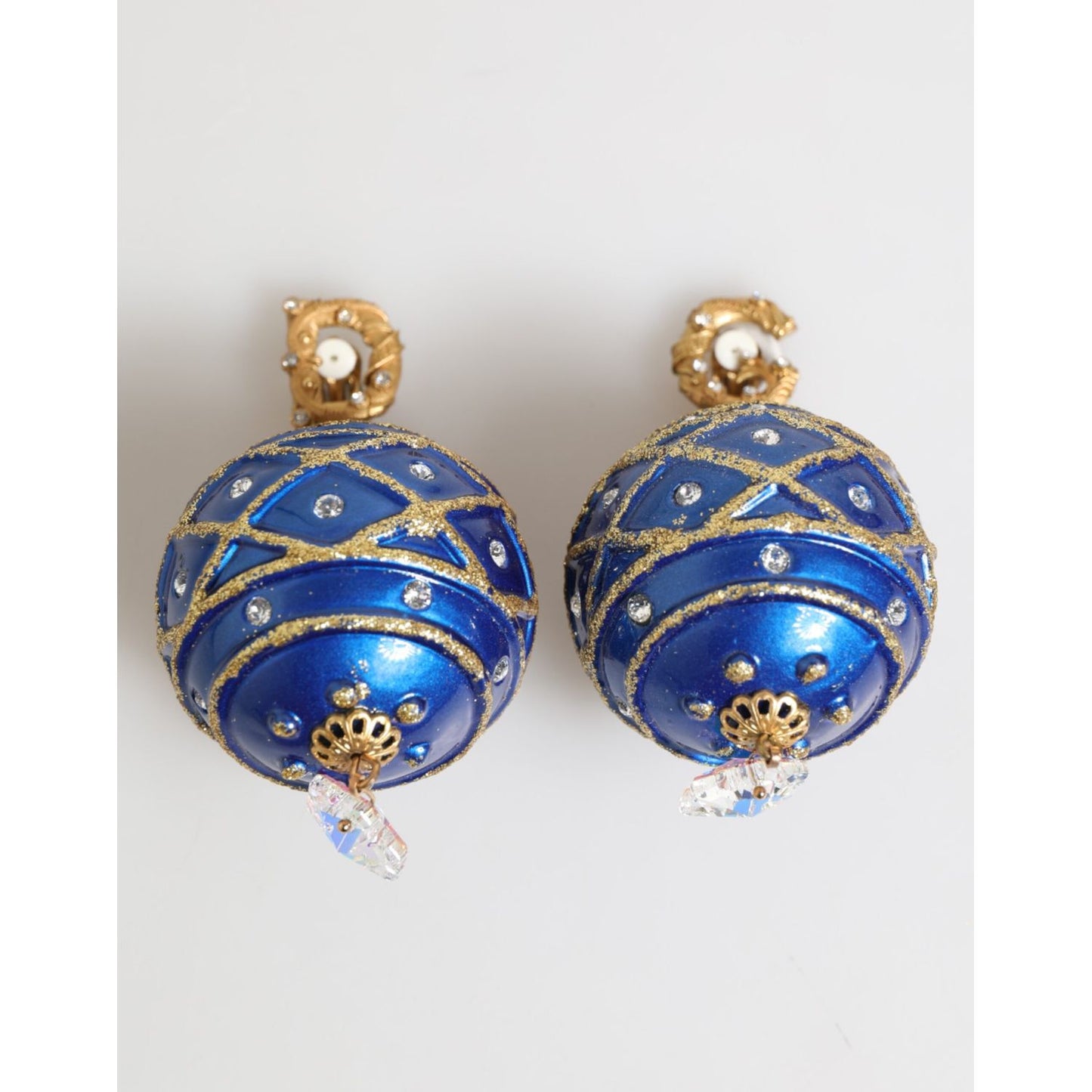 Dolce & Gabbana Gold Brass Blue Christmas Ball Crystal Drop Clip On Earrings