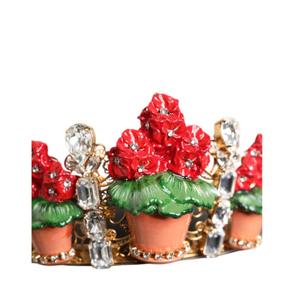 Dolce & Gabbana Red Floral Flowerpot Crystal Gold Crown Tiara Headband