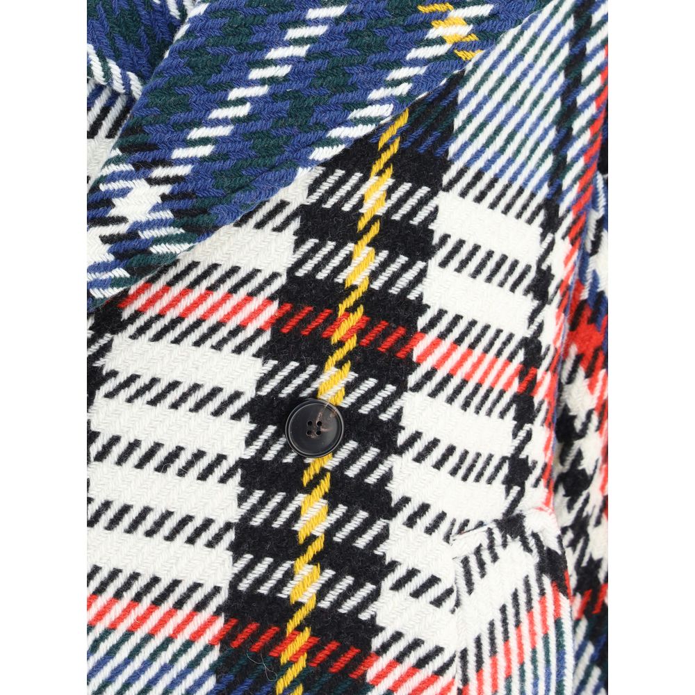 Close-up of Sara Roka Multicolor Wool Coat with check pattern and button detail.
