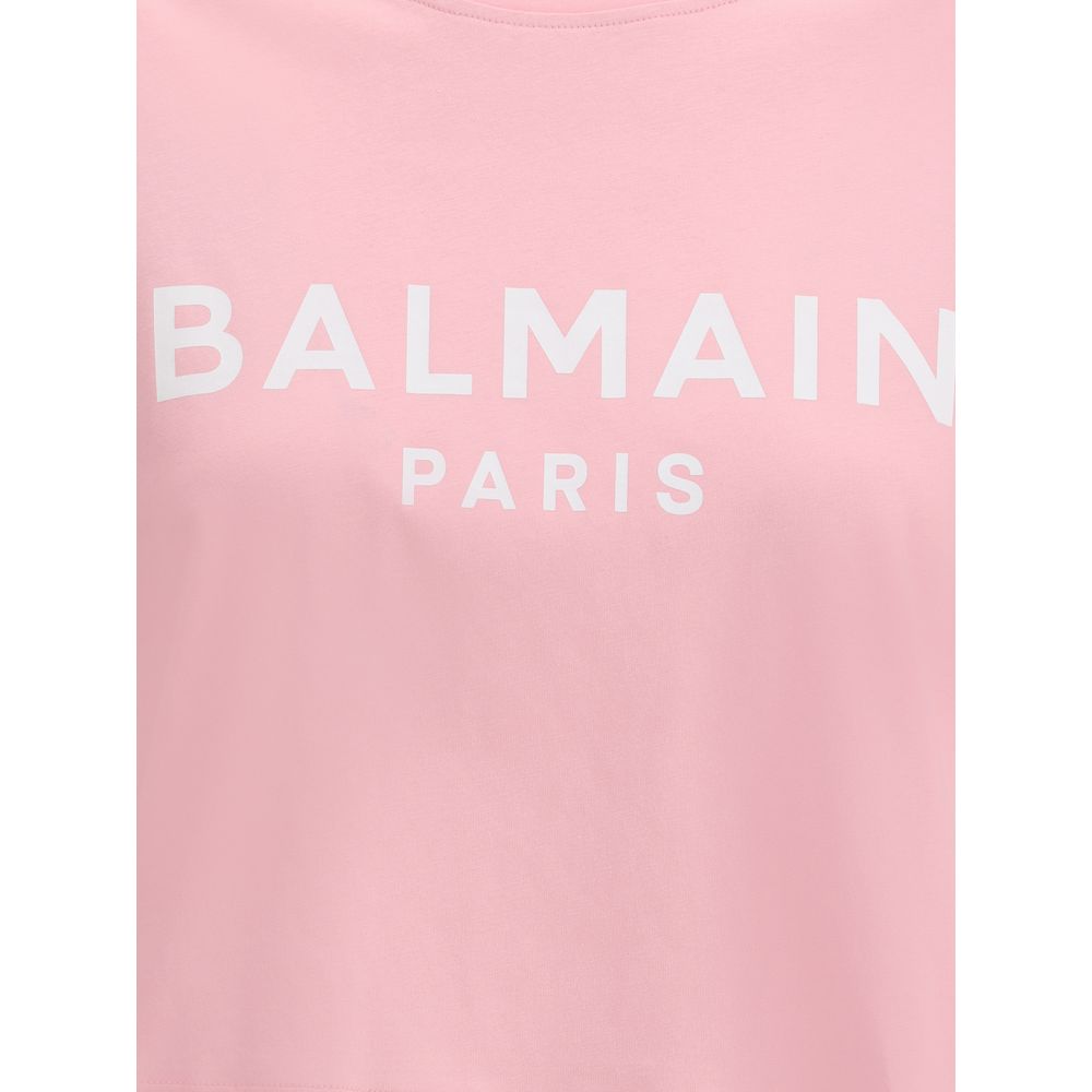 Pink Balmain Multicolor Cotton T-Shirt with logo print in white, featuring ribbed crew neck and contemporary cropped design.