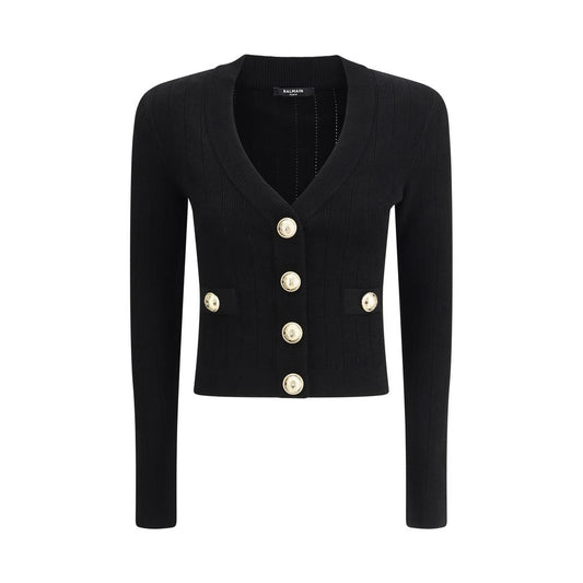 Balmain Black Viscose Cardigan featuring cropped design, v-neck, embossed button closure, monochrome pattern, slim fit, AW25 season.