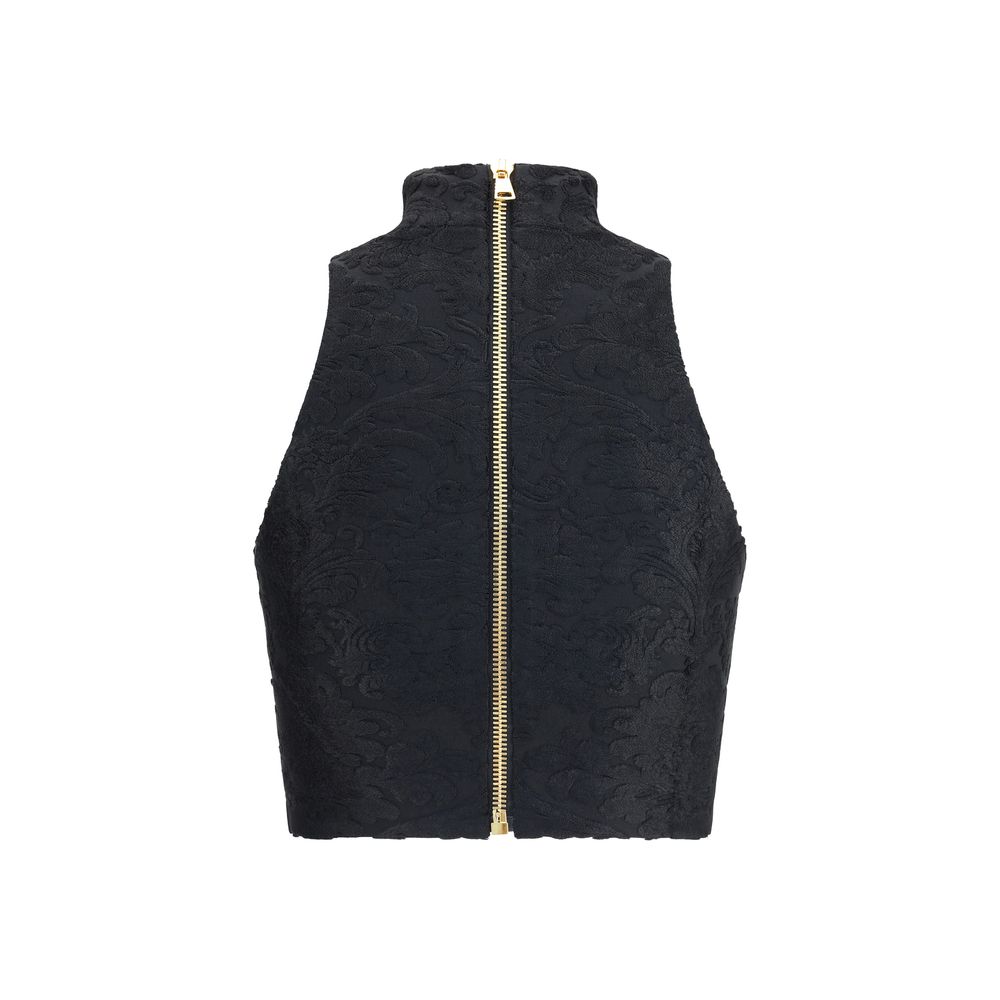 Balmain Black Viscose Top with baroque pattern, metal zipper, and gold buttons, showcasing elegance and craftsmanship.