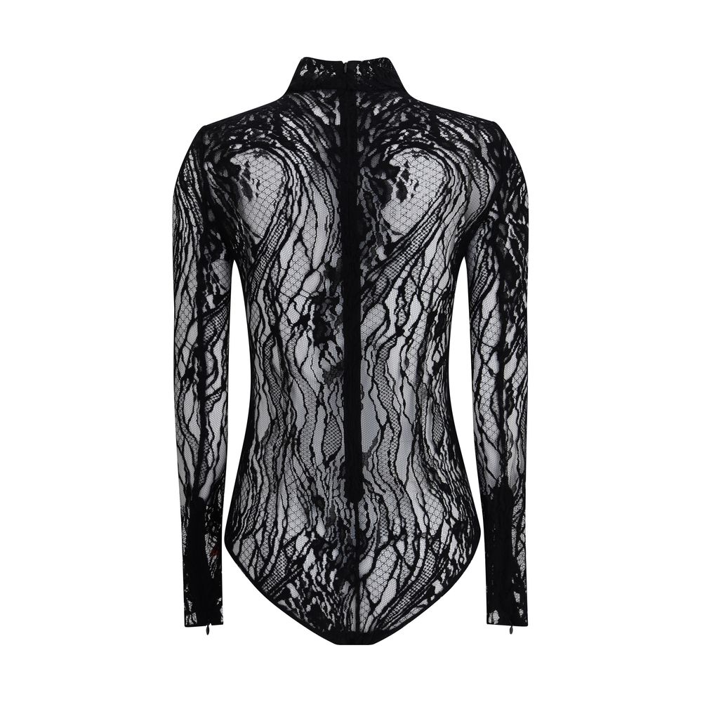 Balmain Black Cotton Top featuring sheer lace, high neck, and back zip. Elegant, sophisticated piece for bold feminine looks. AW25 collection.